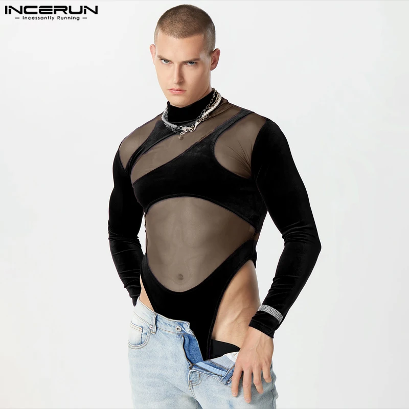 

INCERUN Men Bodysuits Velour Mesh Patchwork Turtleneck 2023 Long Sleeve Rompers Men Streetwear T Shirts See Through Bodysuit