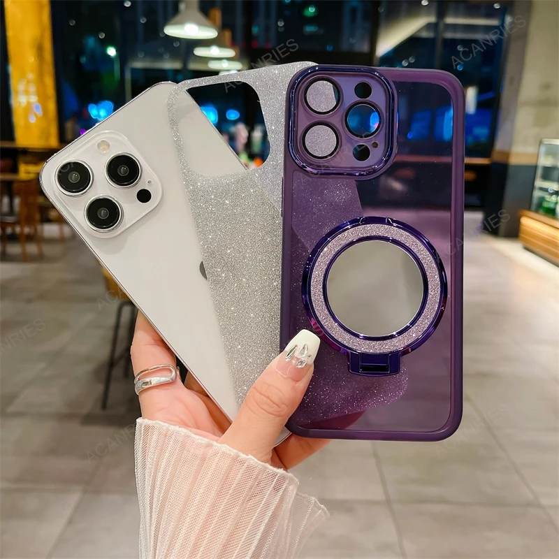 Glitter Clear Silicone Soft Case with Makeup Mirror Stand Cover
