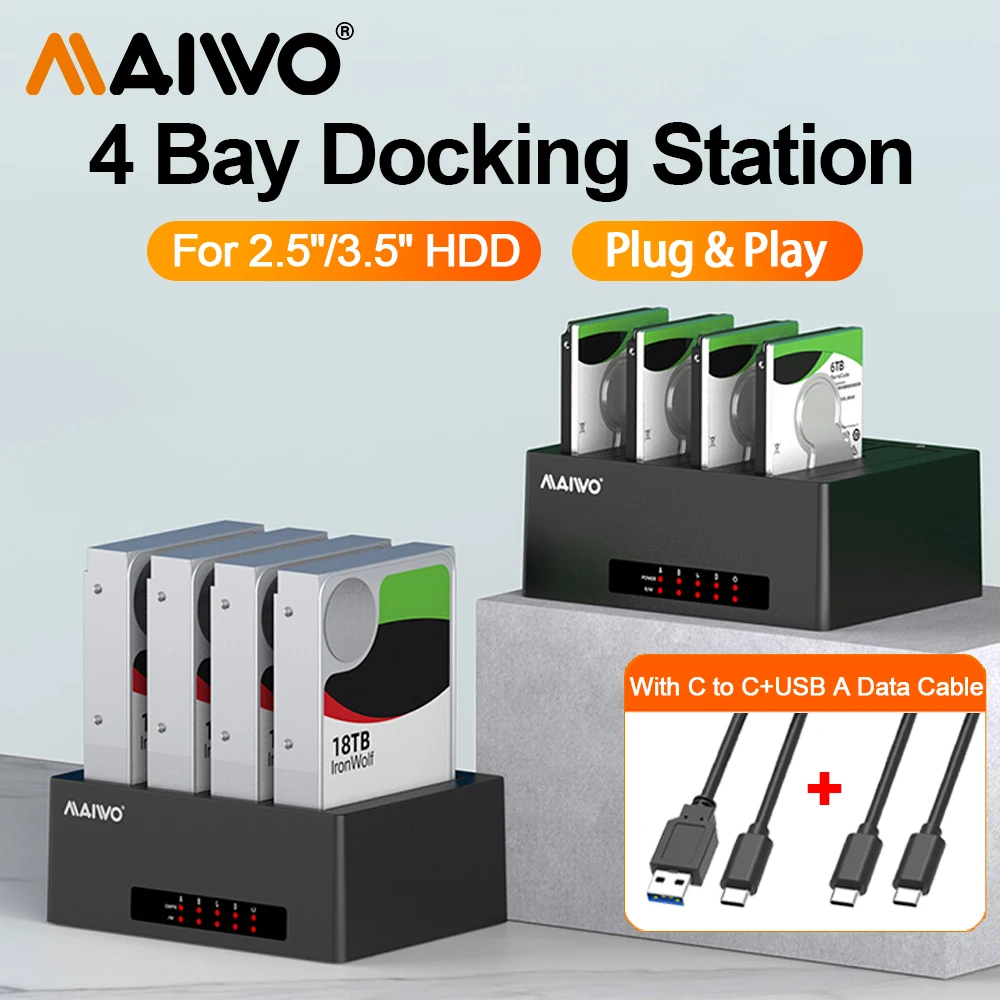 

MAIWO 4 Bay Hard Drive Docking Station Type-C to USB 3.0 External Multi-Bay for 2.5/3.5 inch HDD SDD Docking Station Hard Box