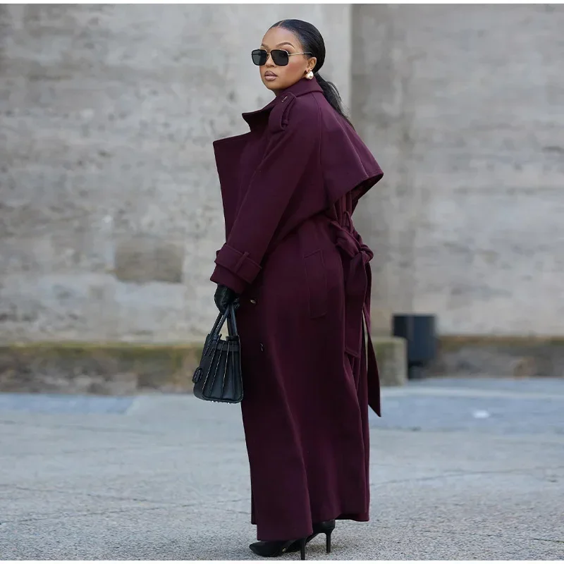 Fashion Burgundy Red Double Breasted Overcoat Women Lace Up Loose Lapel Pockets Long Sleeve Coat New High Street Outerwear