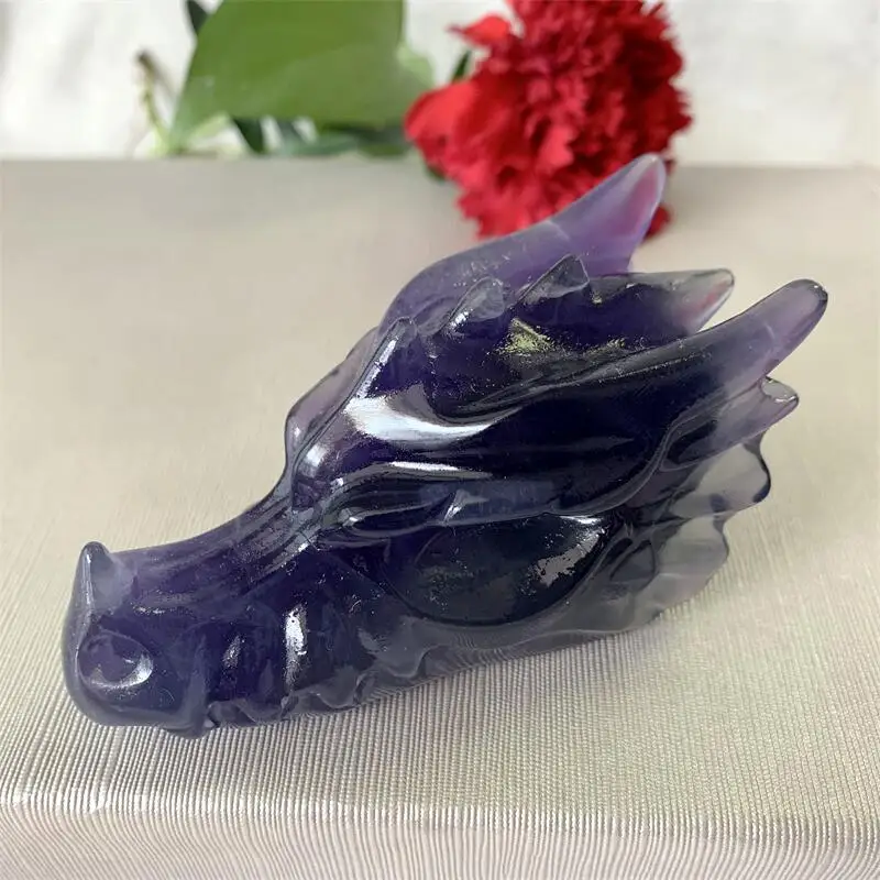 

10cm Natural Purple Fluorite Dragon Skull Head Statue Carved Crystal Skull Figurine For Decoration Gift Collection