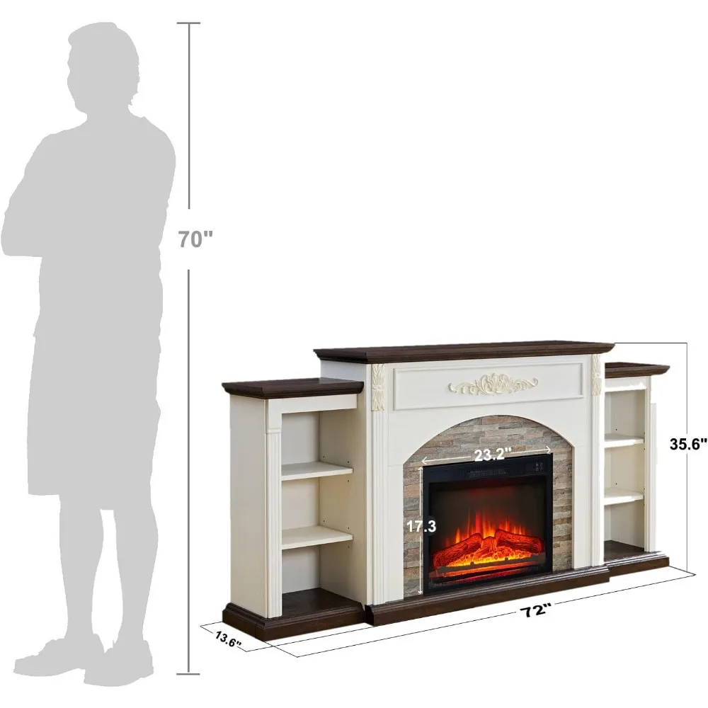 72"Electric Fireplace with Mantel,White TV Stand for TVs Up to 80 Inch with Storage,23'' Fireplace Insert Heater for Living Room 4