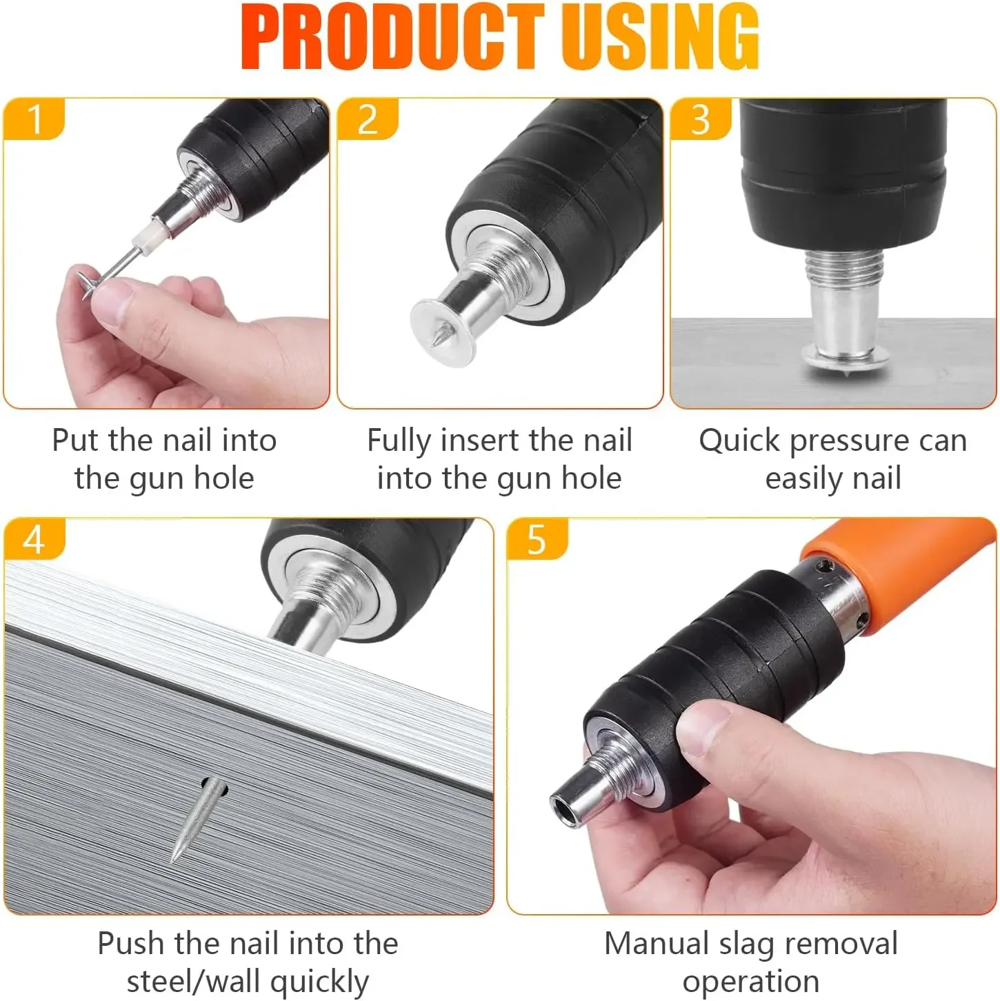 Manual Steel Nail Gun with 100 Nails Mini 5 Gears Power Adjustable Wall Rivet Gun Portable Concrete Blaster Nail Upholstery Tool 5