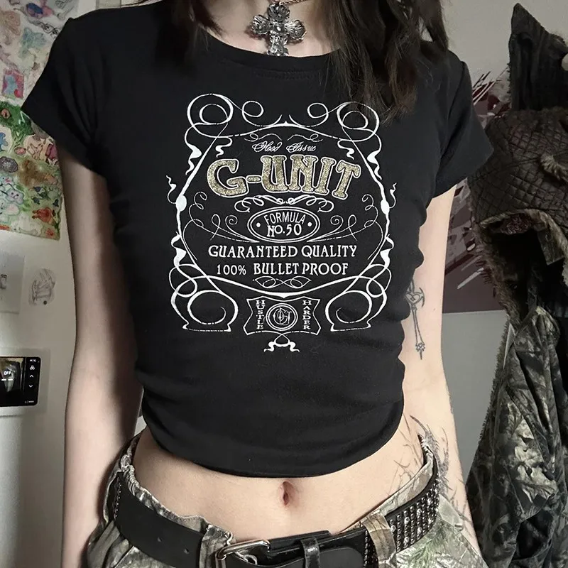 

Y2k 2000s emo Slim Harajuku Aesthetic Casual Letter Print Short Sleeveless Sexy Top Women Clothing versatile Streetwear Baby Tee
