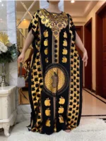 Muslim Summer Short Sleeve Cotton Robe Gold Stamping Boubou Maxi Women Femme Loose Dress With Big Scarf African Ramadan Abaya 5