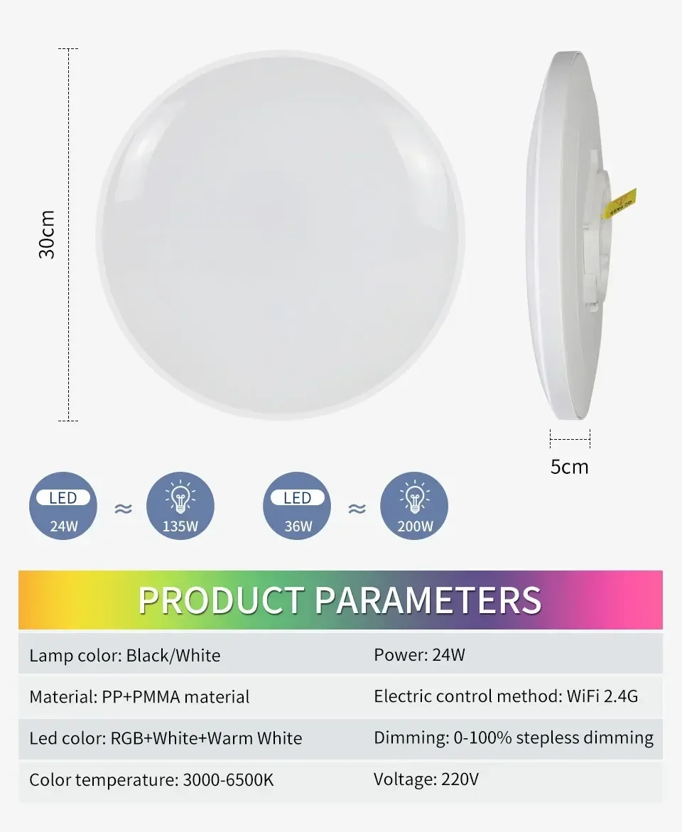 Description Picture 3 of itemTuya WiFi LED Ceiling Light 220V 24W Round Ceiling Lamp RF 2.4G Remote Smart Life APP Voice Control Alexa Google Home Lighting