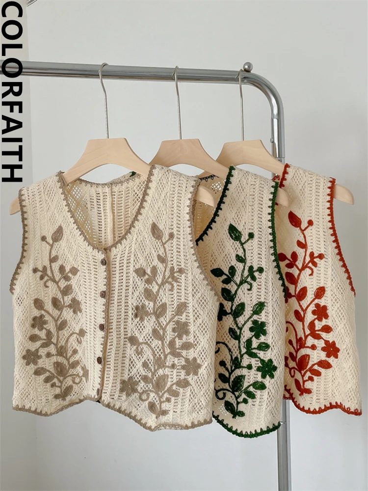Colorfaith 여성용 컷아웃 니트 조끼, 꽃무늬 레이디 짧은 조끼, 봄 여름 자수, 시크한 한국 패션, V1672JM, 2022 신상 