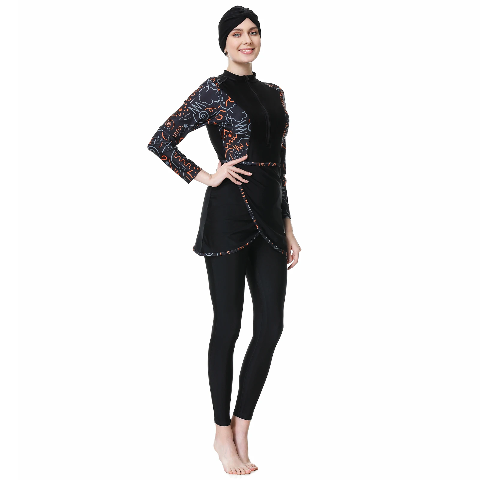 Black full-coverage burkini with pink palm print and matching hijab