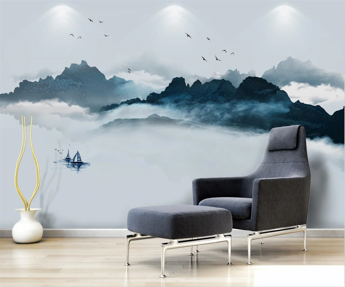 3D wallpapers atmospheric new Chinese ink landscape sofa bedside background wall papel de parede wall paper beibehang custom silky wall paper new chinese ginkgo ink landscape painting peacock tv background papel de parede 3d wallpaper
