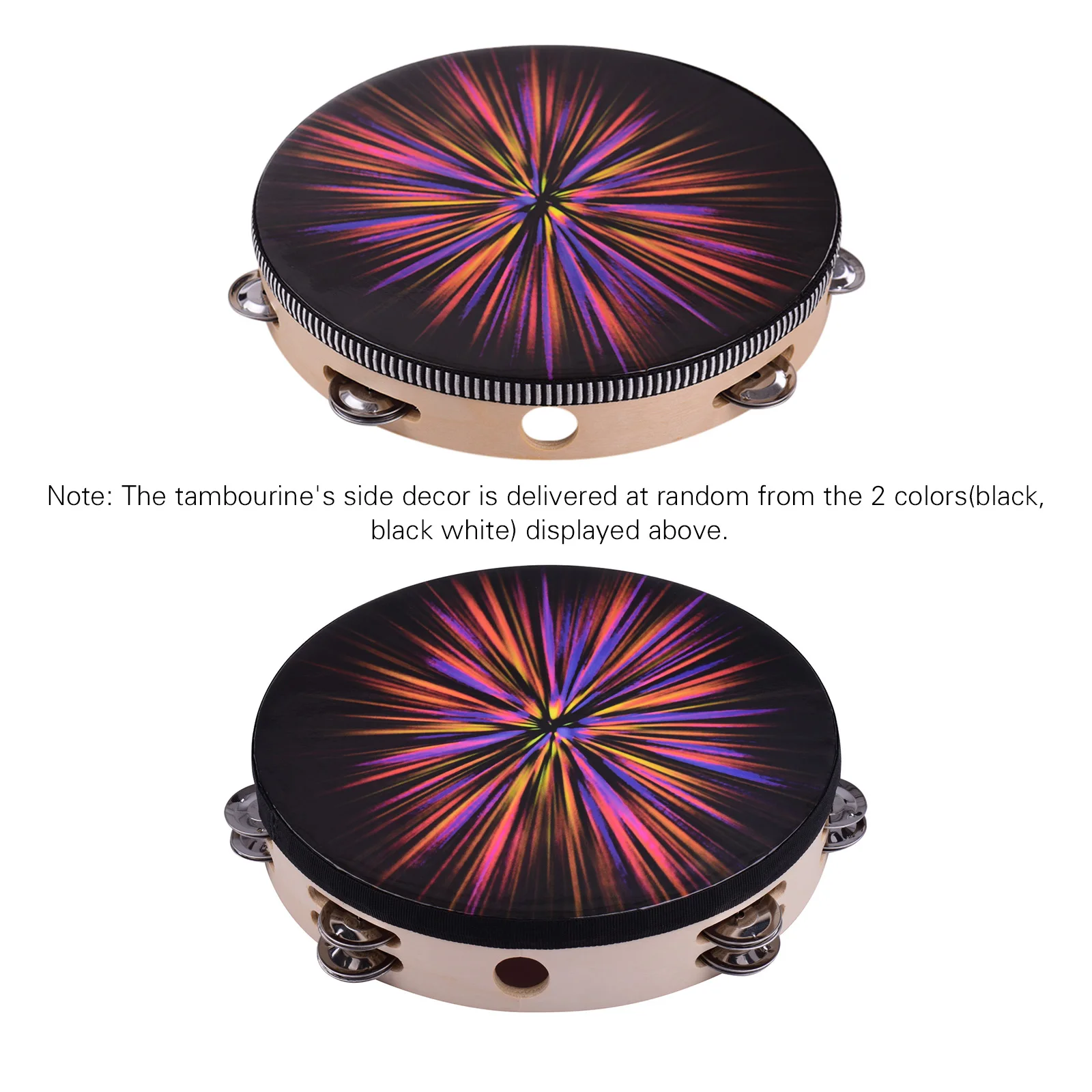 10 Inch Wooden Rdiant Tambourine Handbell Hand Drum with Double Row Jingles Reflective Drum Head Percussion Instrument Kids Toy