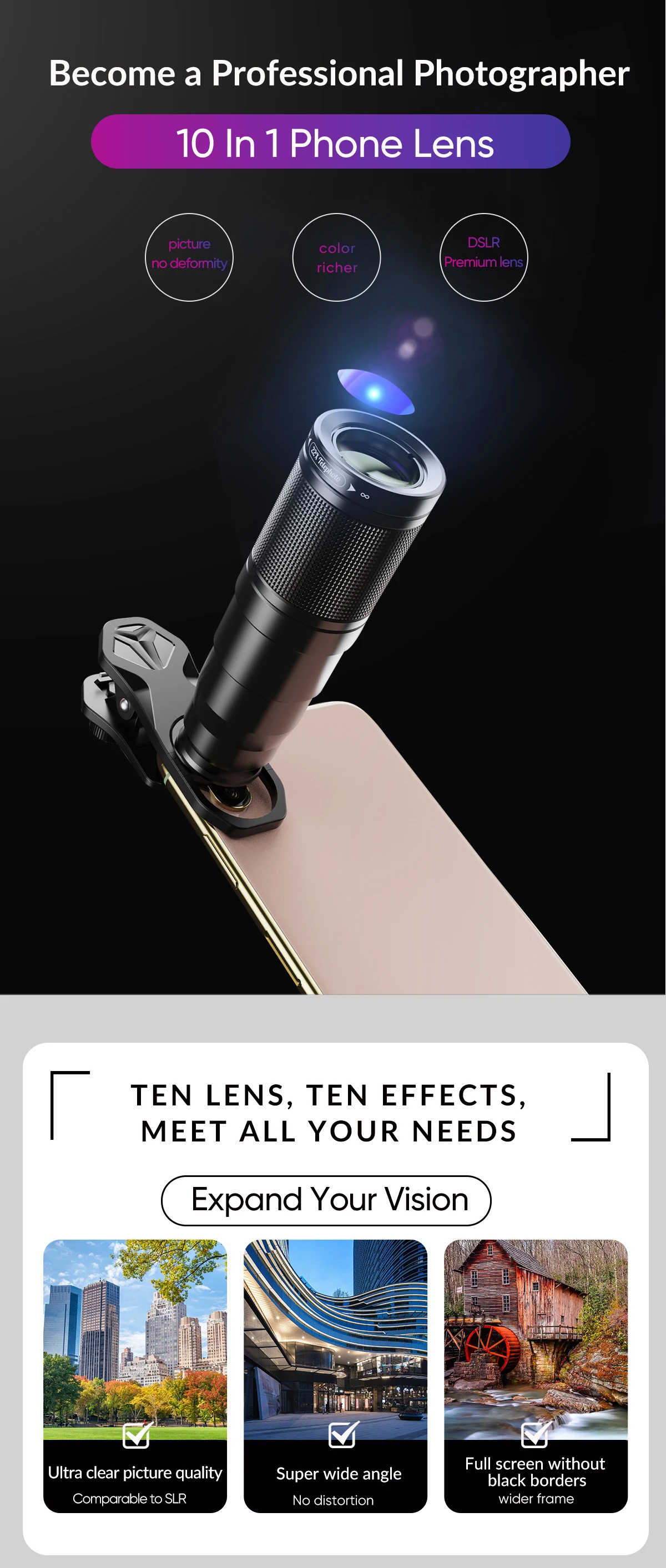 10 em 1, telescópio, zoom, macro, olho