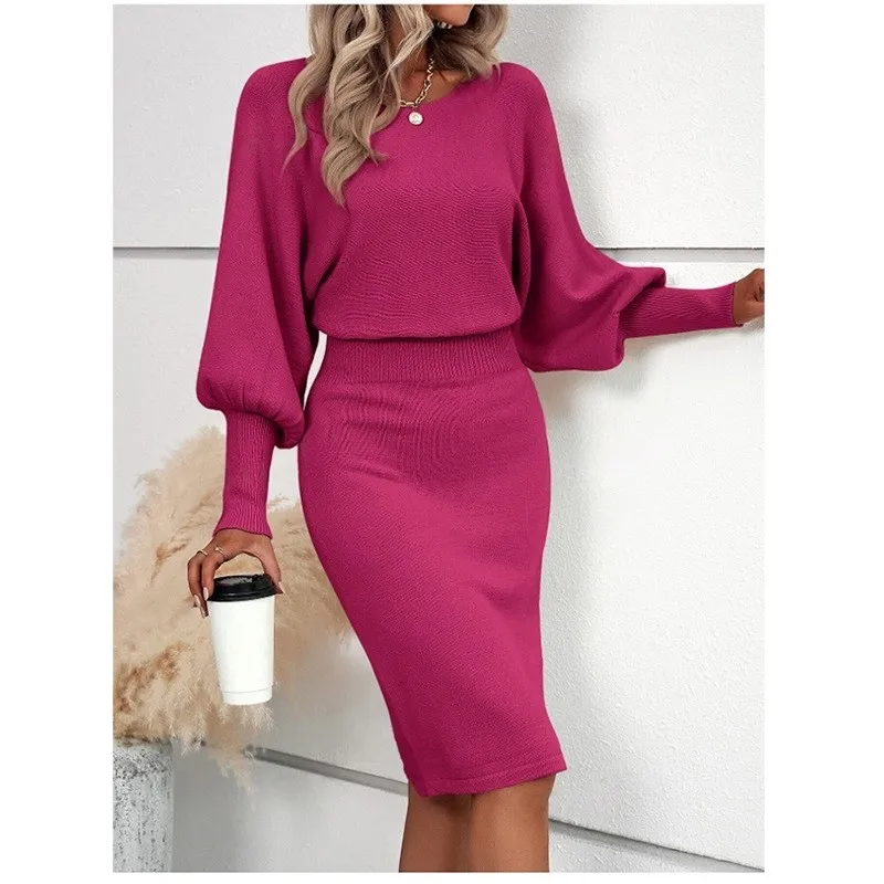 Womens Dresses Autumn Winter Solid Color Knitted Woolen Round Neck Long Sleeved Waist Cinching Slimming Hip Hugging Midi Dress