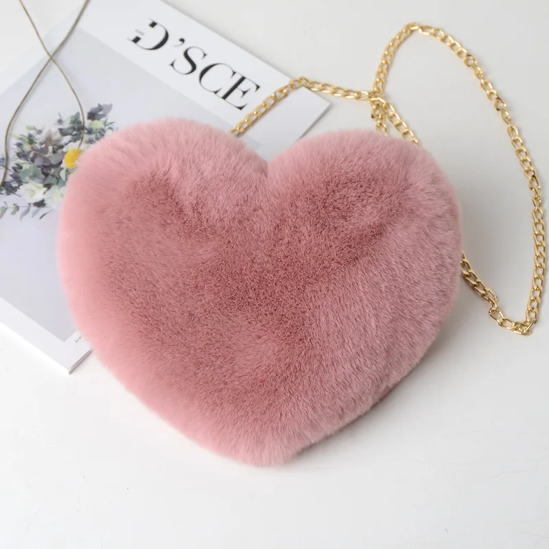 Women Shoulder Bag Heart Shaped Handbags Crossbody Plush Chain Faux Fur Wallet Purse