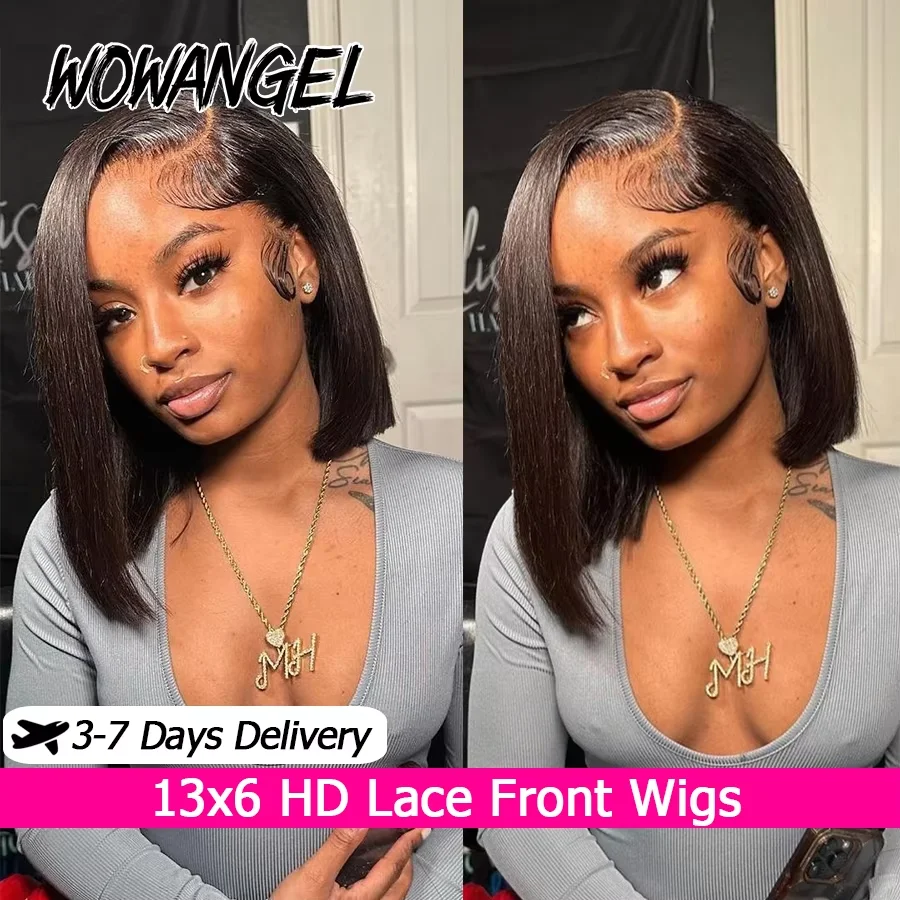 Wow Angel Parrucche Frontali in Pizzo HD 13x6, Bob Corto Liscio, Parrucche in Capelli Umani con Pizzo Frontale Pre-Rifinito, Capelli Brasiliani per Donne