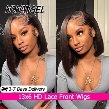 Wow Angel Parrucche Frontali in Pizzo HD 13x6, Bob Corto Liscio, Parrucche in Capelli Umani con Pizzo Frontale Pre-Rifinito, Capelli Brasiliani per Donne
