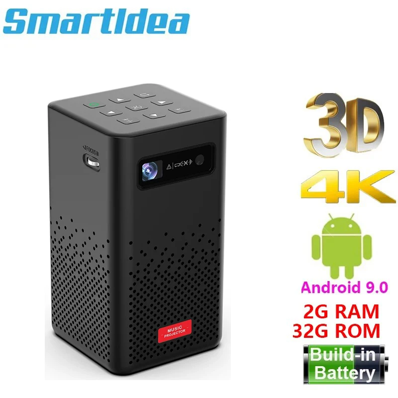 Smartldea Mini 4K 3D DLP Projector Android9.0 5G Wifi BT iphone Android mobile Mirror Proyector build battery Speaker Beamer