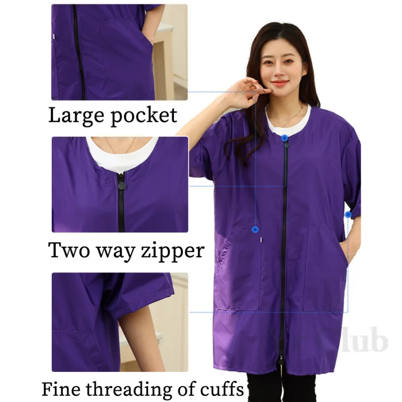 Apron Short Sleeved Fabric Women's Waterproof And Oil Resistant  Kitchen And Home Coat Work Clothes  Pet Clothing Two Way Zipper 3