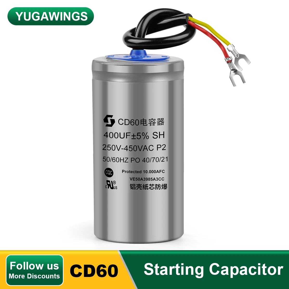 Condensatore di Avvio Motore, Condensatore di Funzionamento CD60 Per Compressore D'aria Motore, 250 V Ca 600 UF 50/60 Hz con Conduttori