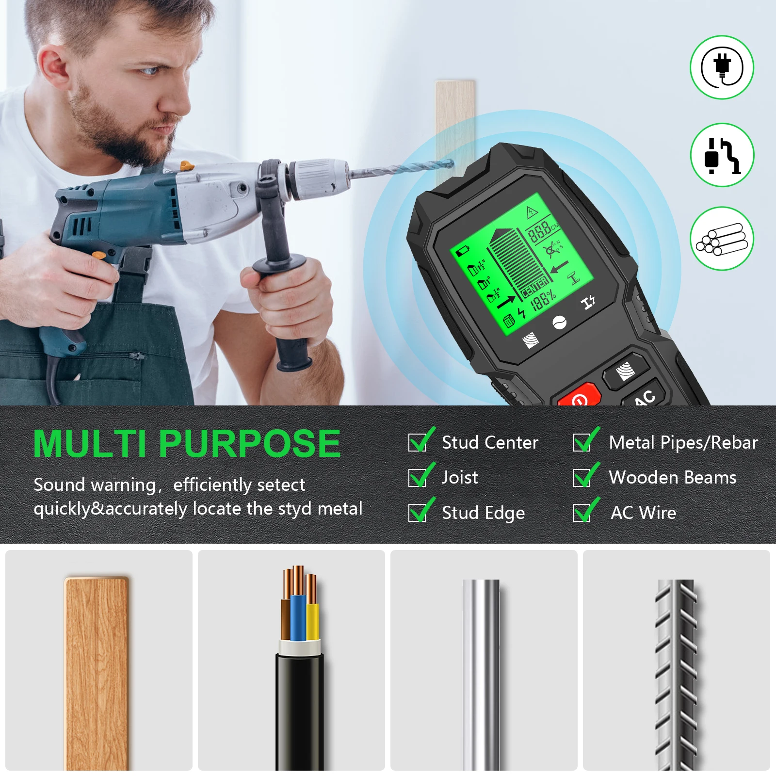 Wall stud finder sensor 5 in 1 LCD electronic detector edge center wood current metal AC live wire detection