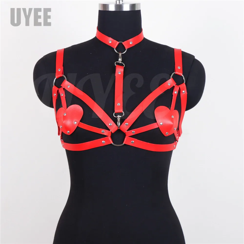 erotic lingerie Sexy Women Harness Bra PU Leather Heart Chest Patch Rave Outfit