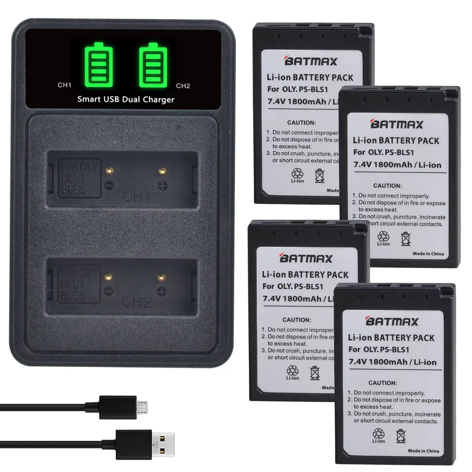 Batmax Ps-Bls1 Bls1 Batteria + Led Caricatore Doppio Con Tipo C Per Olympus E-400,E-410,E-420,E-450, E-P1 Penna, E-P2, E-P3, E-Pl1, E-Pl3,