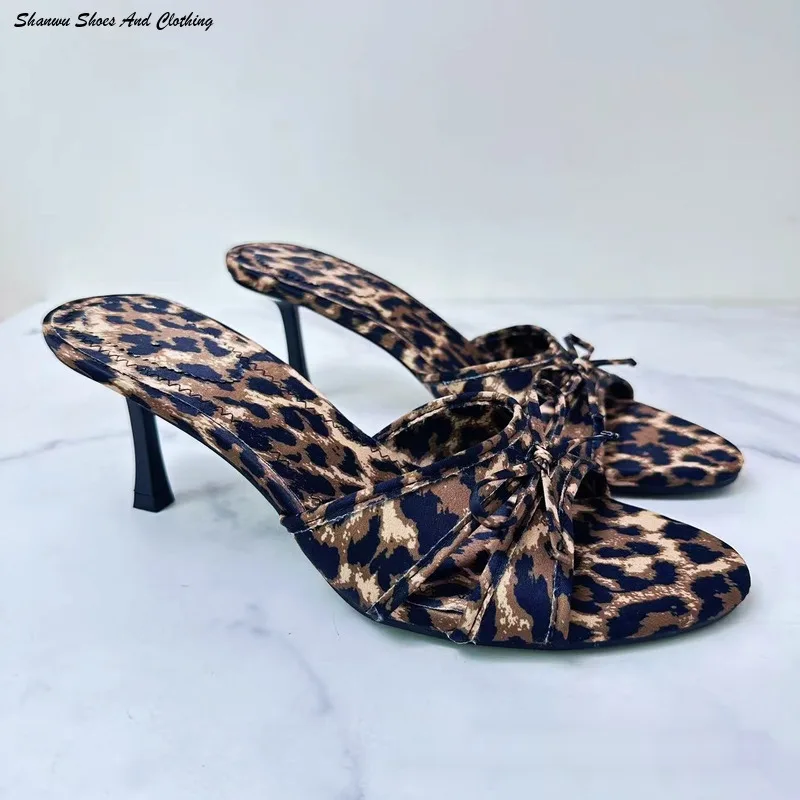 

2024 New European and American High Quality Women Pumps Shoes Bow Knot Leopard Print High Heel Slippers Women Slippers Heels