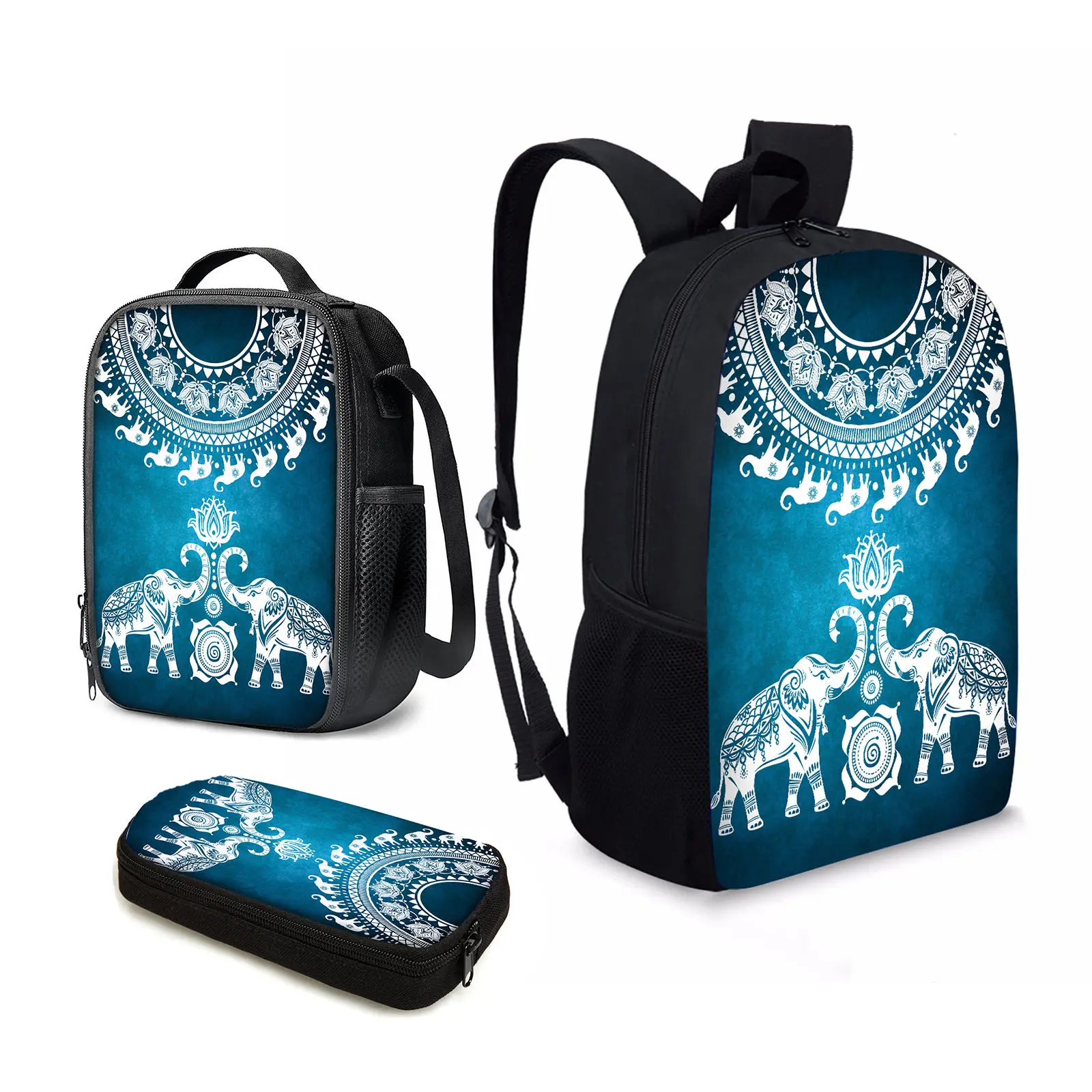 

YIKELUO Blue Boho Tribal Elephant Design Youth Notebook Bag Mandala Print Waterproof Outdoor Travel Bag Fashionable Lunch Bag