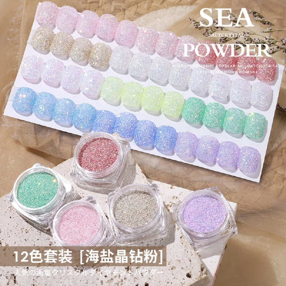 12 Colori Aurora Sea Salt Nail Powder Crystal Diamond Powder Flash Glitter Decorazioni Per Unghie Zucchero Nail Diy Sparkly Chrome Powder