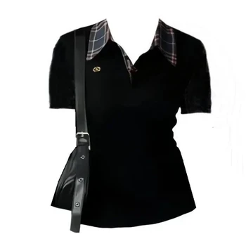 Short Sleeve Polo Neck Plaid Patchwork Slim Korean Tops Tees New Summer Contrast Trend T Shirts Fashion Casual Women Clothing