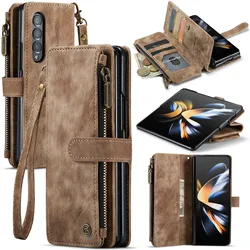 Durable PU Leather Magnetic Wallet Flip Case with Lanyard Strap and Zipper Card Holder for Galaxy Z Fold 4 (Brown)