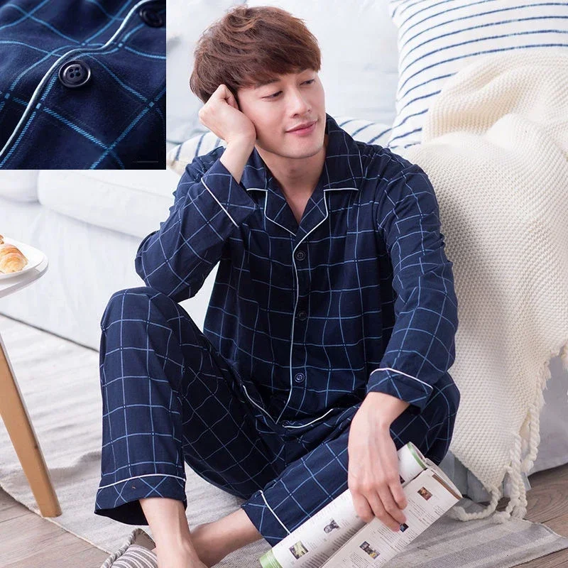 Men's Summer Cotton Pajamas Set Autumn Long Sleeve Sleepwear Tops And Pants Set Plus Size Soft Cotton Homewear Male pajama sets