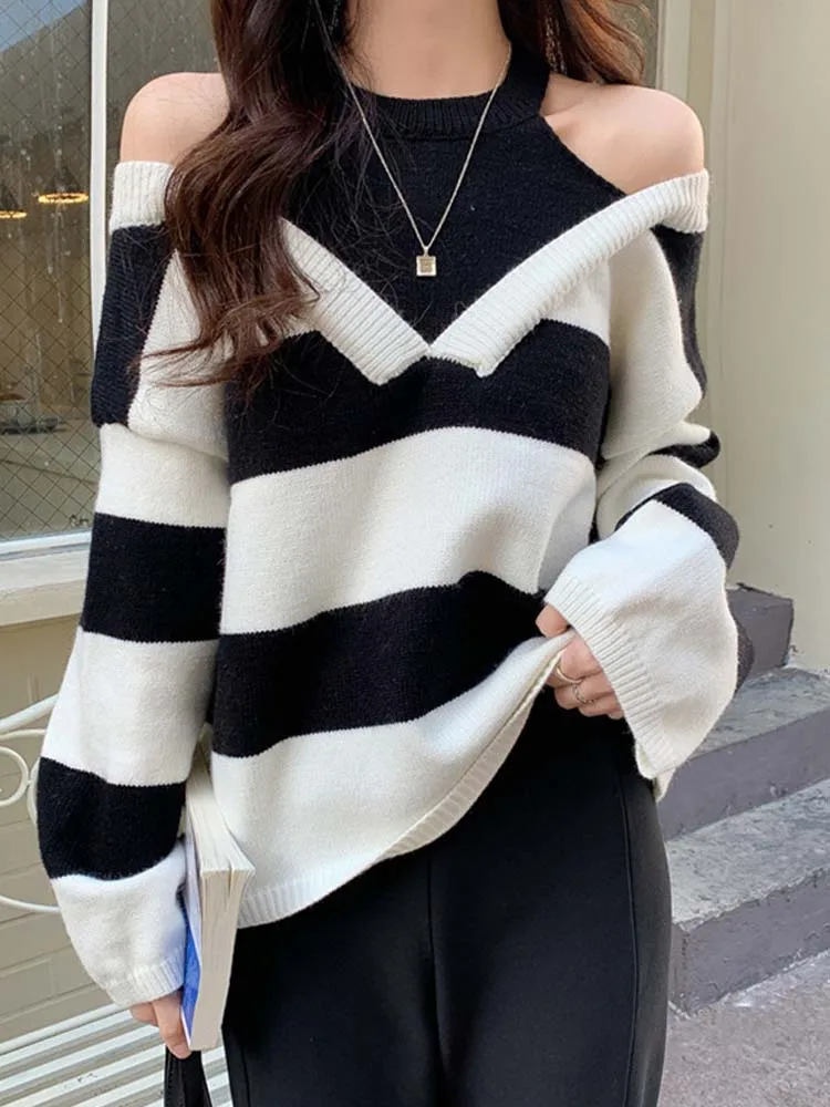 

Vintage Striped Sweater Women Sexy Off Shoulder Halter Knitted Pullovers Ladies Korean Fashion Fake Two Piece Long Sleeve Jumper