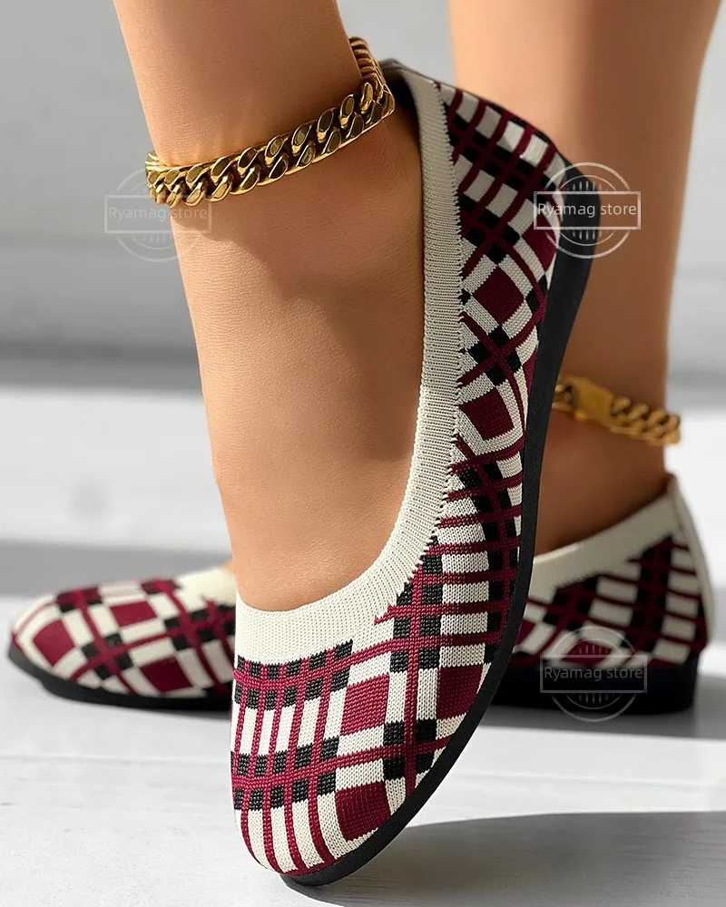 Loafers Women Geometric Pattern Round Toe Slip on New Mesh Sneakers Autumn Light Slip on Shoes Round Toe Flat Socks Shoes