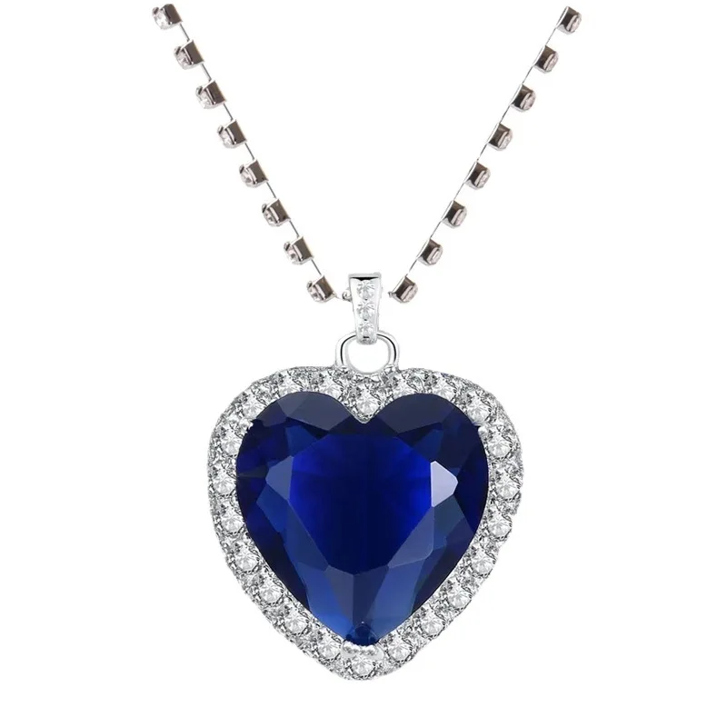 Ocean Heart Titanic Blue Pendant Necklace+Velvet Bag New Fashionable Sparkling Full Diamond Eternal Love Red Sweater Chain images - 6