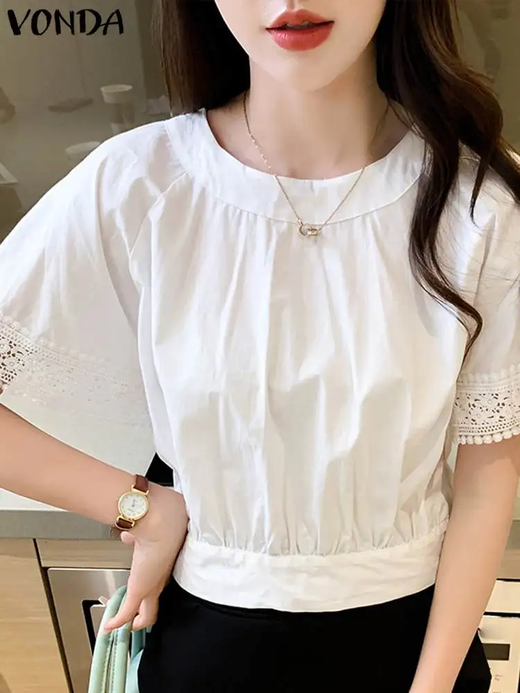 

Women Shirts 2023 VONDA Fashion Casual Short Sleeve Blouse O Neck Looe Tops Female Lace Patchwork Shirts Sexy Party Tunic Baggy