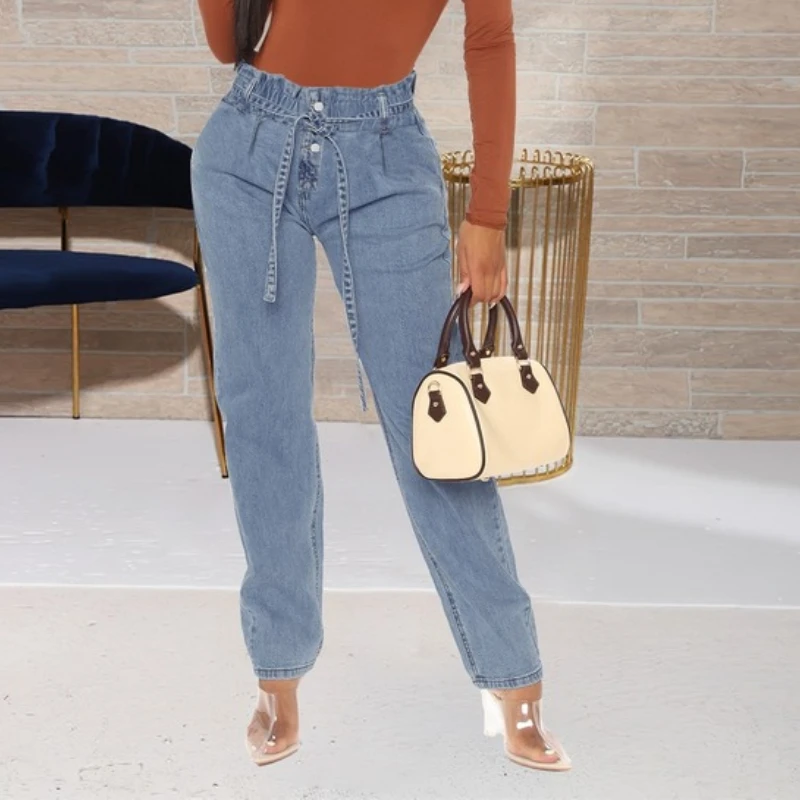 

Street Style Pants Trendy Elastic Waist Tie Straight Jeans Women 2024 Autumn and Winter New Fashion High Waist Women's Trousers