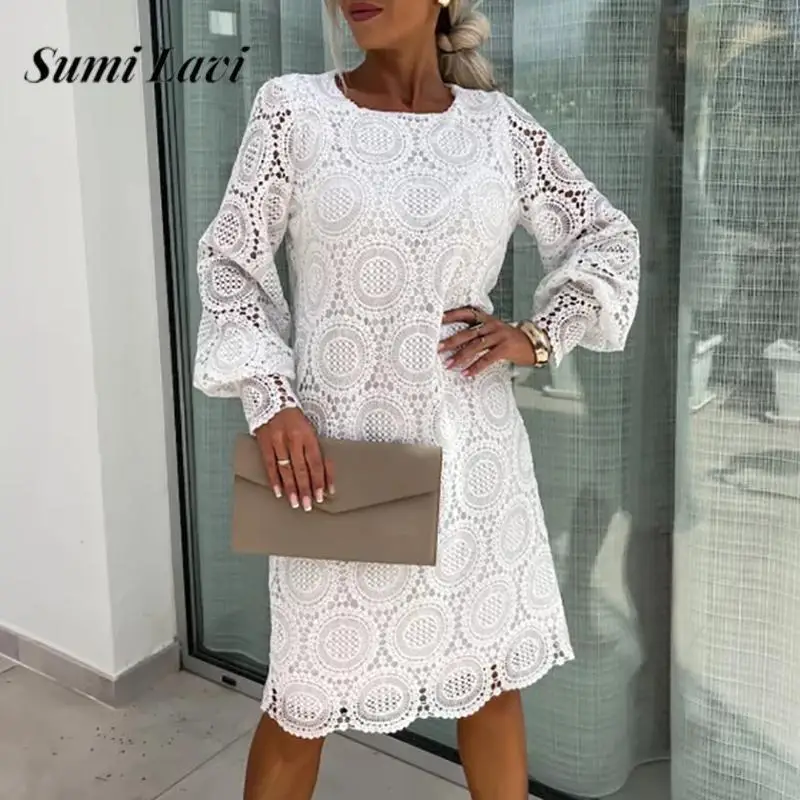

Women Elegant Lace Crochet Hollow Midi Dress Spring Autumn Casual Solid Loose A-Line Dress 2024 Fashion Long Sleeve Party Dress