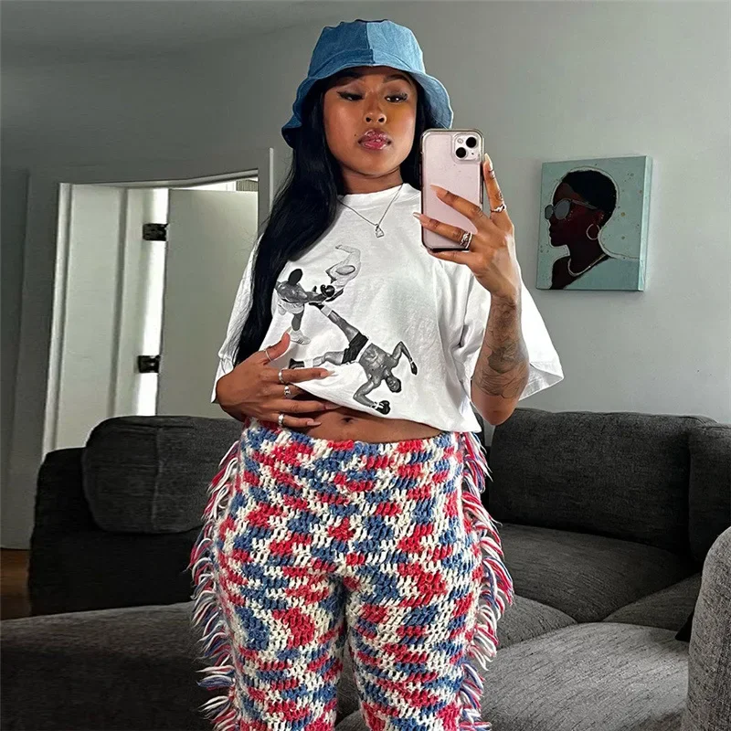 Fashion Knitted Patchwork Tassel Long Pants Casual Streetwear High Waist Ribbed Trousers Women Clothes High Street Capris 2023