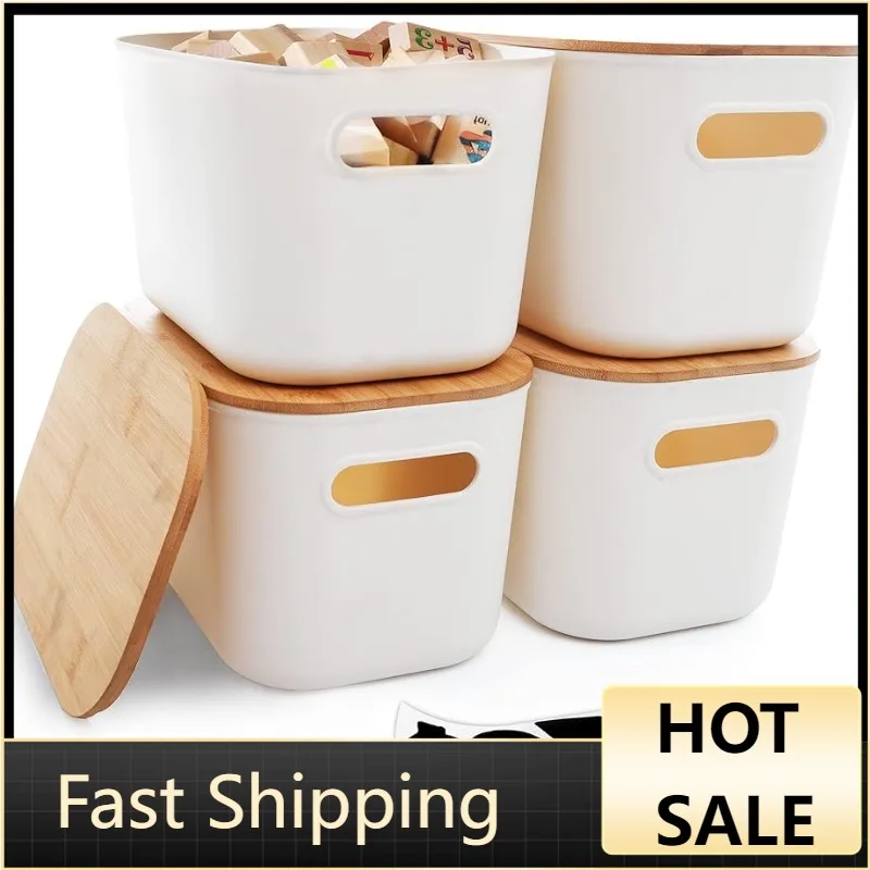 

Citylife 4 PCS Storage Bins with Bamboo Lids Plastic Storage Containers for Organizing Stackable Storage Box with Handle