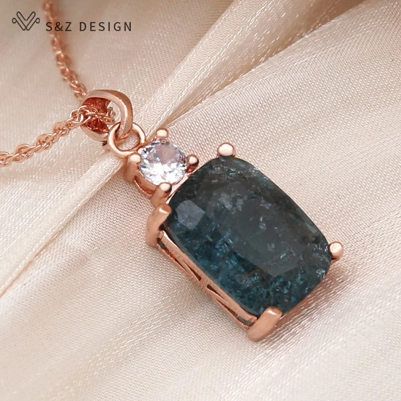 S&Z DESIGN New Fashion 585 Rose Gold Color Cubic Zirconia Rectangle Crystal Pendant Necklace For Women Wedding Party Jewelry