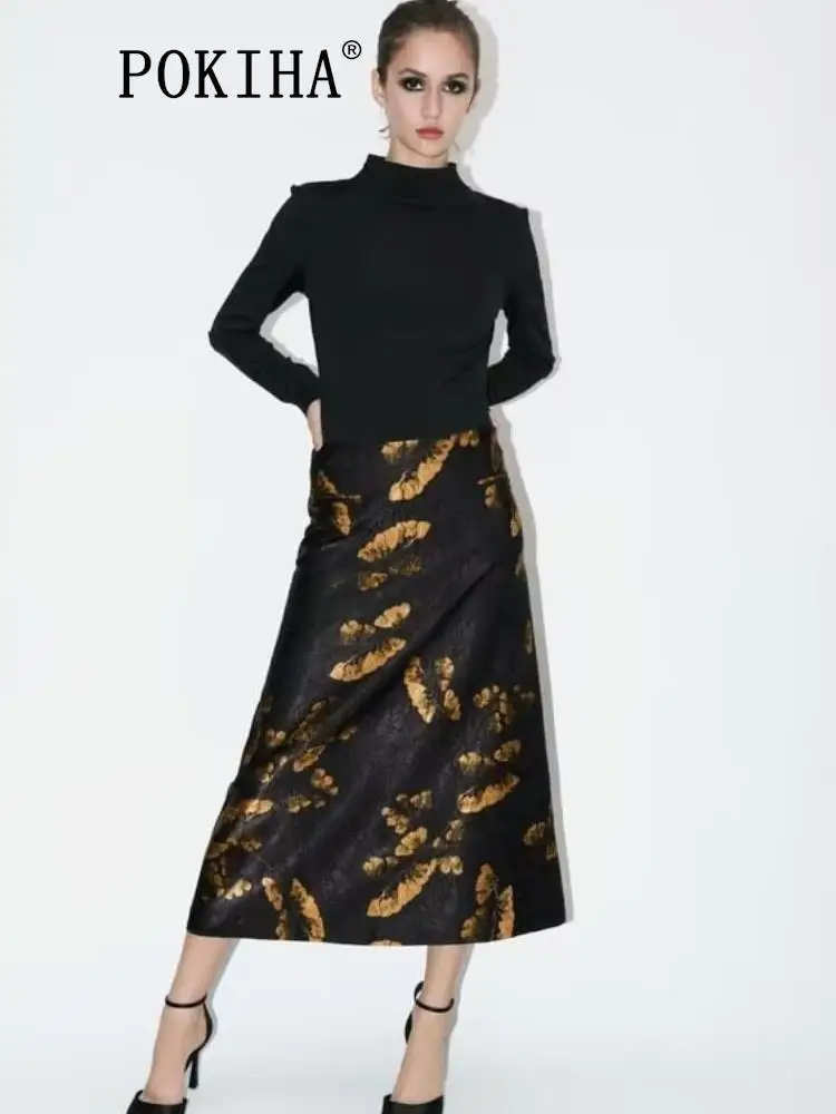 

Pokiha 2023 Fashion Winter Elegant Women Floral Print Midi Skirt Vintage High Waisted Back Zipper Chic Female Skirts Mujer New