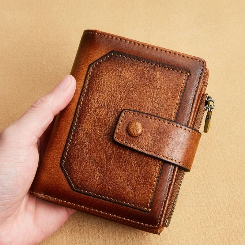 

Vintage Men Genuine Leather Wallet RFID Blocking Trifold Short Multi Function Money clip Large Capacity Zipper Coin Purse