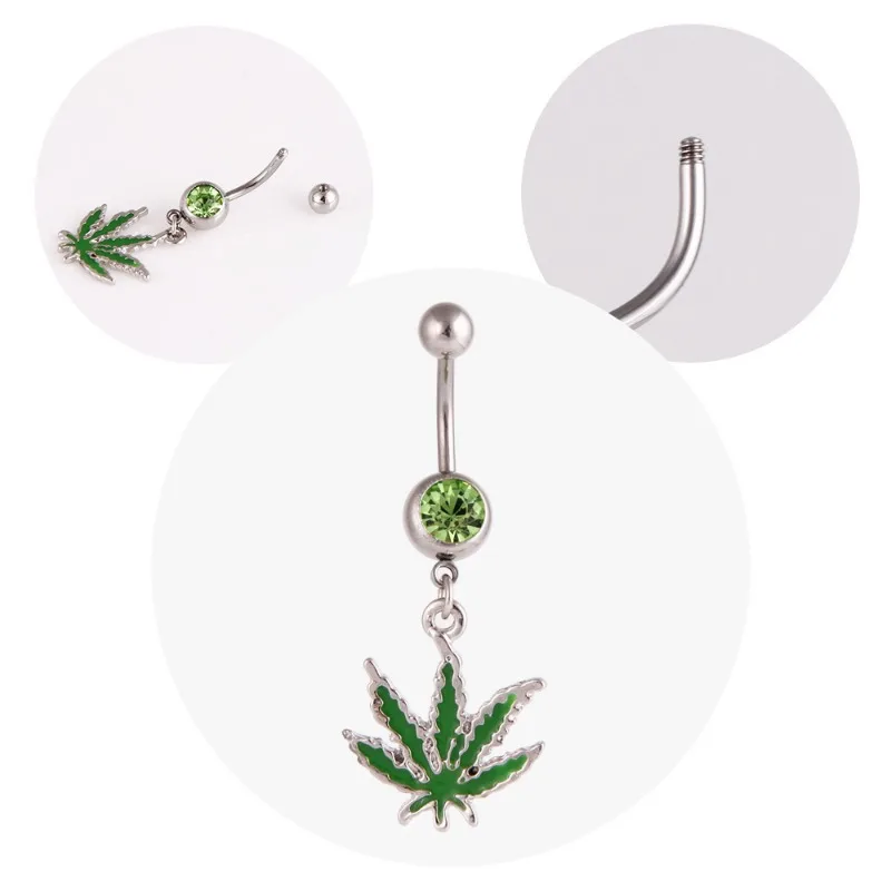 316L Stainless Steel Leaf Belly Button Ring for Women Green Maple Leaf Dangle Belly Rings Barbell Navel Body Piercing Jewelry