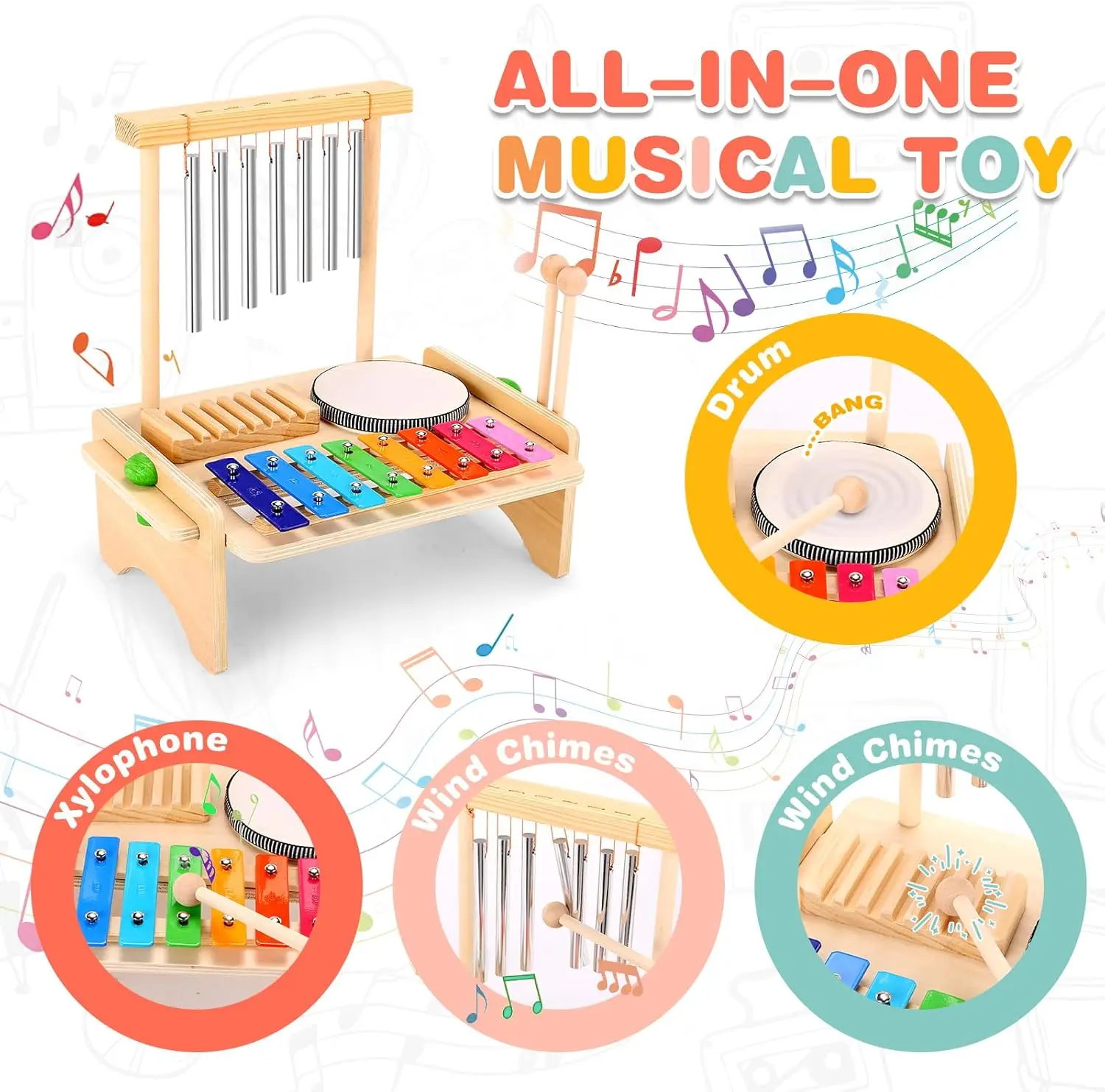 Baby Wooden Montessori Toys Musical Toys Kids Instruments Kit Early Education Drum Set Percussion Toys For Kids Boys Girls 6