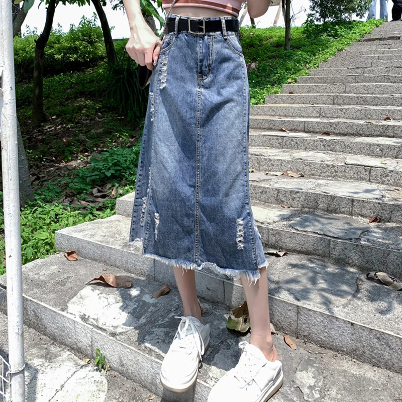 S 5XL New Women Plus Size Denim Skirt Spring Summer Fashion High Waist Hip Wrap Hole