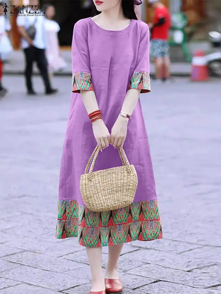 

ZANZEA Women Printed Stitching Sundress 2024 Vintage Retro Midi Dress Fashion O-neck 3/4 Sleeve Robe Summer Holiday Casual Dress