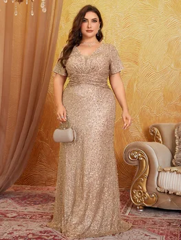 Plus Size V-Neck Elegant Glittering Sequin Luminous Dress, High-End Feel, Party Dress, Wedding Guest Dress, Formal Dress, Evenin