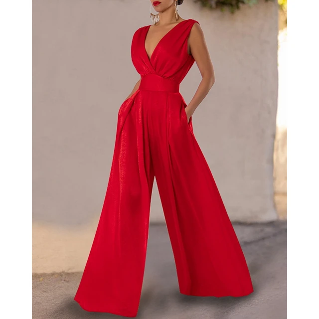 Yuwull Business Casual Outfits for Women Sequin Jumpsuit with Belt Summer  Sleeveless Rompers Backless Loose Jumpsuit Long Playsuits Red