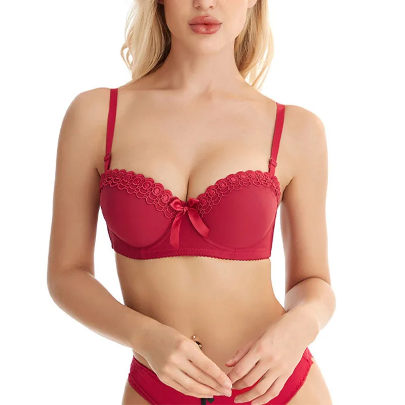 

2023 New Sexy Lingerie Unlined Push Up Embroidered Bow Bra Female Gather Lingerie B Cup Solid Brassiere Sexy women Plunge Bra