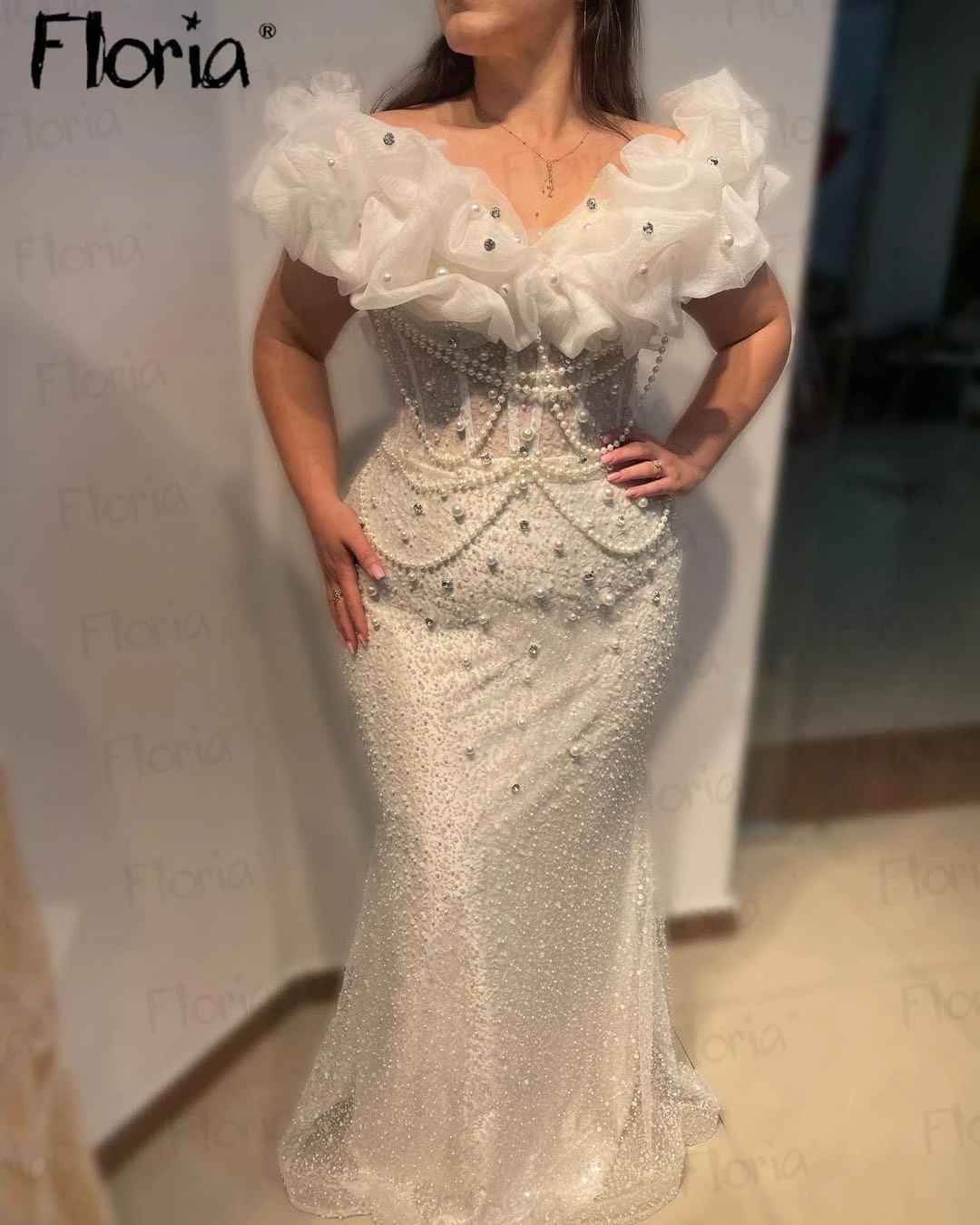 

Newest African Ruffled White Evening Dresses Off Shoulder Boat Neck Formal Dubai Wedding Prom Gowns Robes Women Occasion Gowns